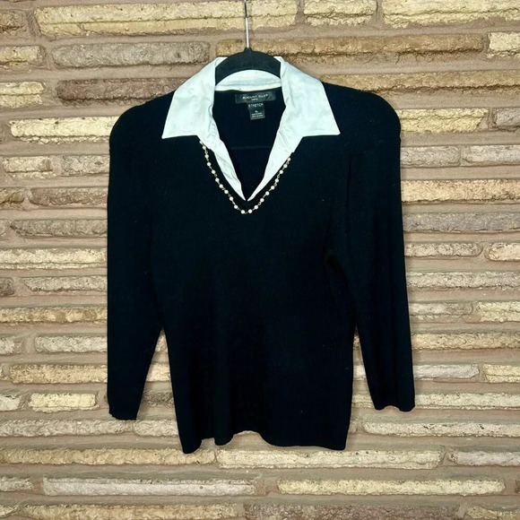 August Silk Black Silk Blend Collared Faux Pearl Beaded Accents V Neck Sweater - Picture 7 of 7